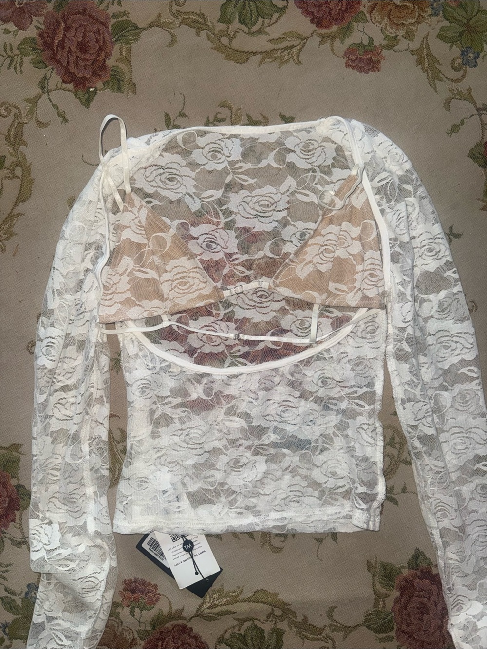 Brand new White Floral Lace Long Sleeve Crop Top with Nude Bralette